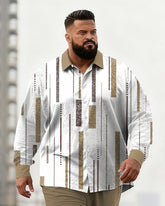 Big & Tall Men's Business Brown Striped Print Long Sleeve Shirt Pants Set